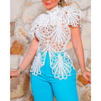 Hollow Out Eyelet Embroidery Lace Top - white