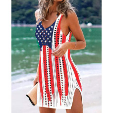 Hollow Out Flag Print Crochet Cover Up Dress - red