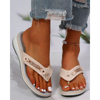 Hollow Out Flip Flops Metal Decor Wedge Sandals - beige