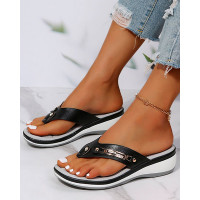 Hollow Out Flip Flops Metal Decor Wedge Sandals - black