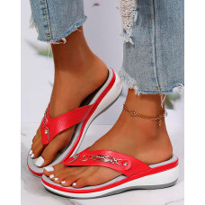 Hollow Out Flip Flops Metal Decor Wedge Sandals - red