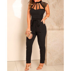 Hollow-out Floral Lace Patch Pocket Design Jumpsuit With Belt - black