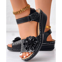 Hollow Out Floral Pattern Ankle Strap Wedge Sandals - black