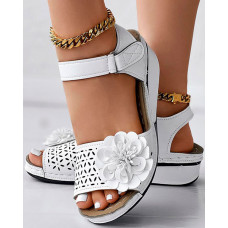 Hollow Out Floral Pattern Ankle Strap Wedge Sandals - white