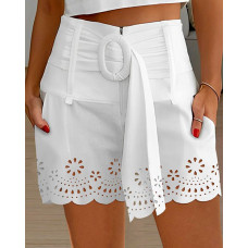 Hollow Out Floral Pattern Belted Shorts - white