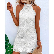 Hollow Out Floral Pattern Casual Dress - white