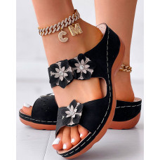 Hollow Out Floral Pattern Wedge Slippers - black