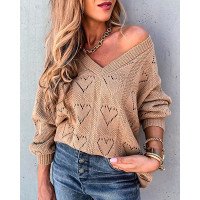 Hollow Out Heart Pattern Long Sleeve Casual Sweater - khaki