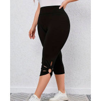 Hollow Out High Waist Capris Leggings - black