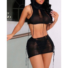 Hollow Out Hooded Crop Top & Skirt Set - black