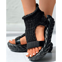 Hollow Out Knit Platform Sandals - black