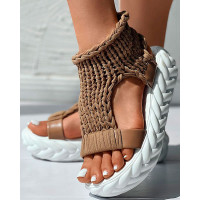 Hollow Out Knit Platform Sandals - brown