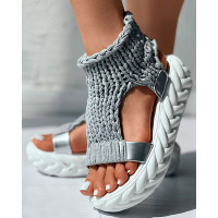 Hollow Out Knit Platform Sandals - gray