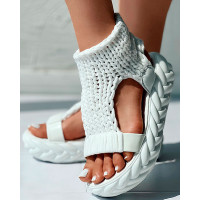 Hollow Out Knit Platform Sandals - white