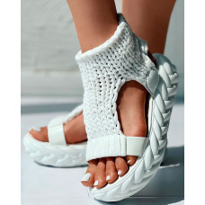 Hollow Out Knit Platform Sandals - white