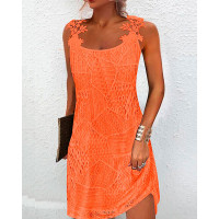 Hollow Out Lace Patch Casual Dress - orange