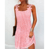 Hollow Out Lace Patch Casual Dress - pink