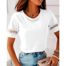 Hollow Out Lace Patch Round Neck T-Shirt - white