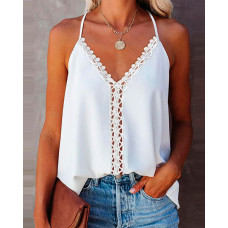 Hollow Out Lace Trim Halter Sleeveless Top - white