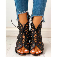 Hollow Out Lace-up PU Wedge Sandals - black