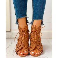 Hollow Out Lace-up PU Wedge Sandals - brown