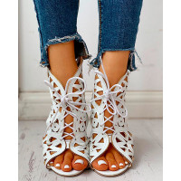 Hollow Out Lace-up PU Wedge Sandals - white