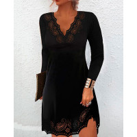 Hollow Out Long Sleeve Casual Dress - black