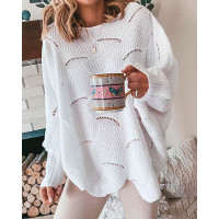 Hollow Out Long Sleeve Casual Sweater - white