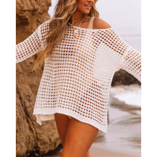 Hollow Out Long Sleeve Crochet Cover Up Top - white