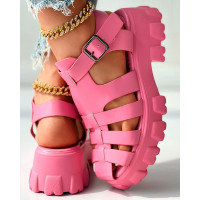 Hollow Out Multi Strap Buckled Slingback Sandals - pink