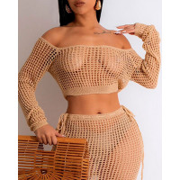 Hollow Out Off Shoulder Crochet Top & Drawstring Skirt Set - khaki