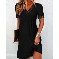 Hollow Out Patchwork Casual Dress - black