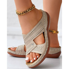 Hollow Out Peep Toe Wedge Sandals - Apricot