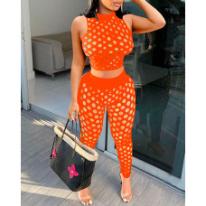 Hollow-Out Plain Crop Top & High Waist Pants Set - orange