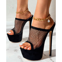 Hollow Out Platform Peep Toe Stiletto Heels - black