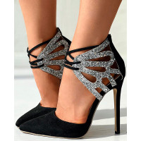 Hollow Out Point Toe Stiletto Heel Pumps - black&silver