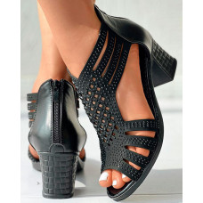 Hollow Out Rhinestone Chunky Heel Sandals - black