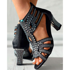 Hollow Out Rhinestone Decor Dance Heels - black