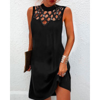 Hollow Out Rhinestone Decor Sleeveless Casual Dress - black