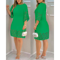 Hollow Out Round Neck Casual Dress - green