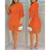 Hollow Out Round Neck Casual Dress - orange