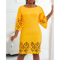 Hollow Out Round Neck Casual Dress - yellow