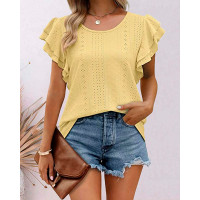 Hollow Out Ruffle Hem Top - yellow