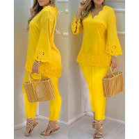 Hollow Out Scallop Trim Bell Sleeve Top & Pants Set - yellow