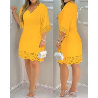 Hollow Out Scallop Trim Casual Dress - yellow