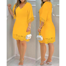 Hollow Out Scallop Trim Casual Dress - yellow