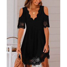 Hollow Out Scallop Trim Cold Shoulder Casual Dress - black