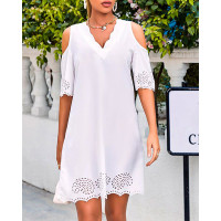 Hollow Out Scallop Trim Cold Shoulder Casual Dress - white