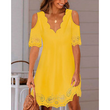 Hollow Out Scallop Trim Cold Shoulder Casual Dress - yellow