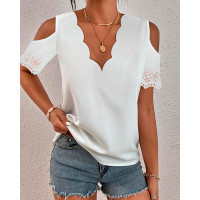 Hollow Out Scallop Trim Cold Shoulder Top - white